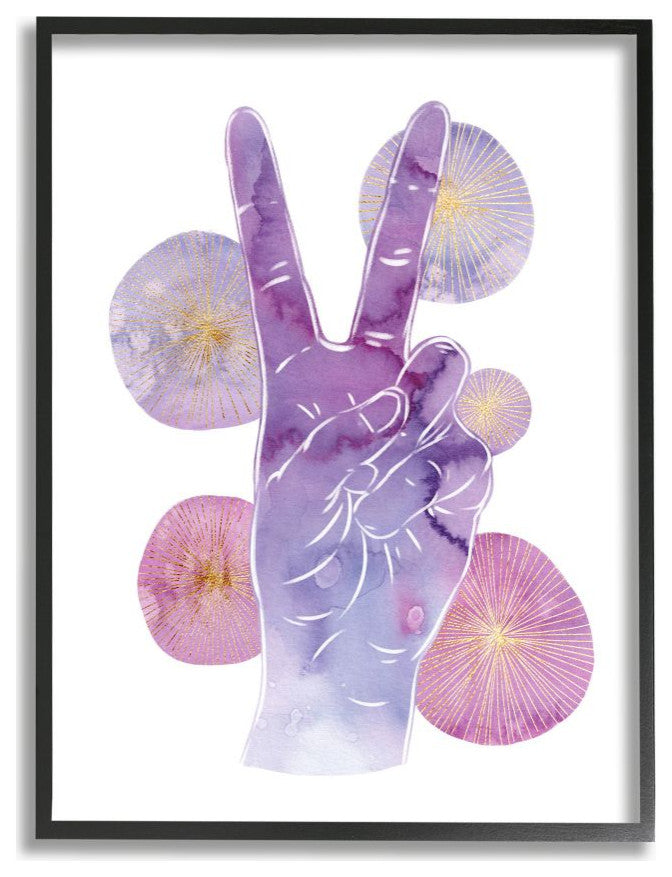 Purple Watercolor Peace Hand Sign with Abstract Shapes11x14