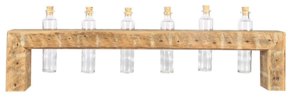 Glass Bud Vase Arrangement With Reclaimed Wood Holder, 6 Bottles