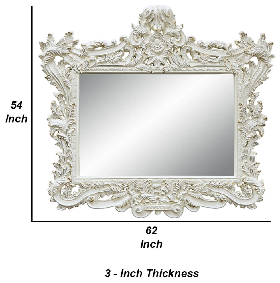 Benzara BM275672 Classic Ornate Carved Mirror, Crowned Top Frame, Wood, White