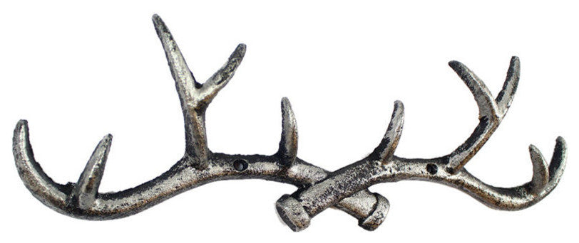 Rustic Silver Cast Iron Antler Wall Hooks 15"