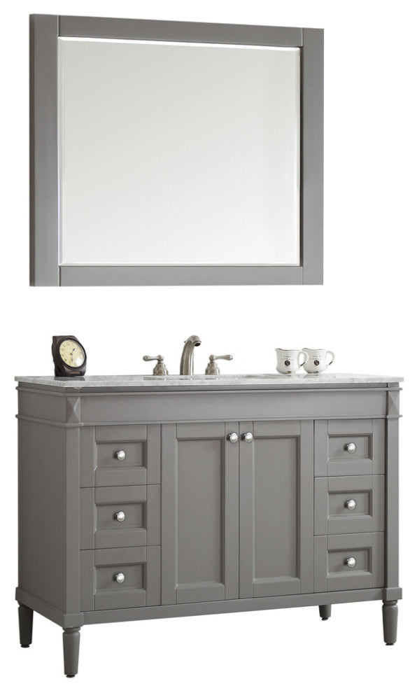 Catania Single Vanity With Carrara White Marble Top, Gray, 48", With Mirror