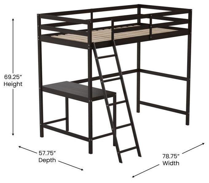 Riley Loft Bed Frame with Desk, Frame, Guard Rails & Ladder for Kids and Teens, Espresso, Twin