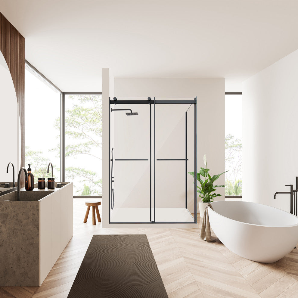 Frameless Exposed Roller Shower Enclosure, Matte Black, 52" W X 76" H