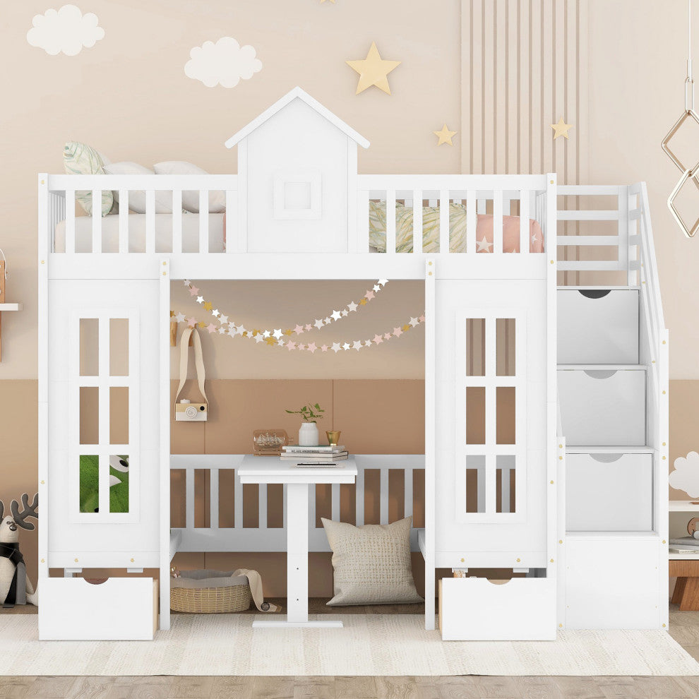 Gewnee Wood Twin-Over-Twin Bunk Bed with Table and Drawers in White