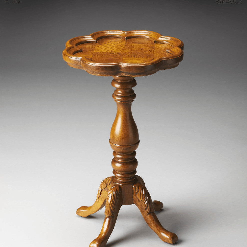 20" Medium Brown And Olive Ash Wood Floral Top End Table