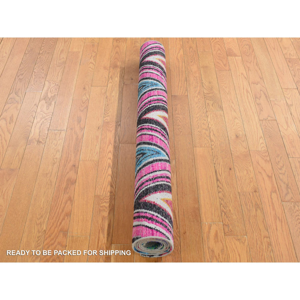 Hot Pink, Hand Knotted, Chevron Design, Silk With Wool, Rug, 4'x6'2"