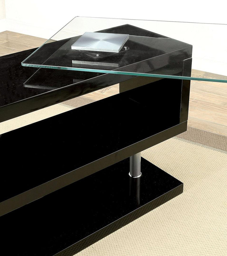 HomeRoots 55" X 47" X 30" Black High Gloss and Clear Glass Office Desk