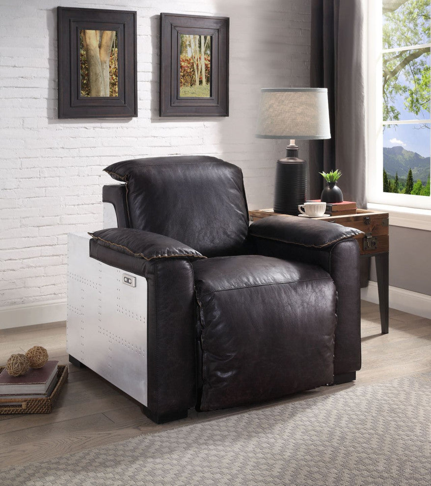 Acme Nernoss Power Motion Recliner Dark Grain Brown Leather and Aluminum