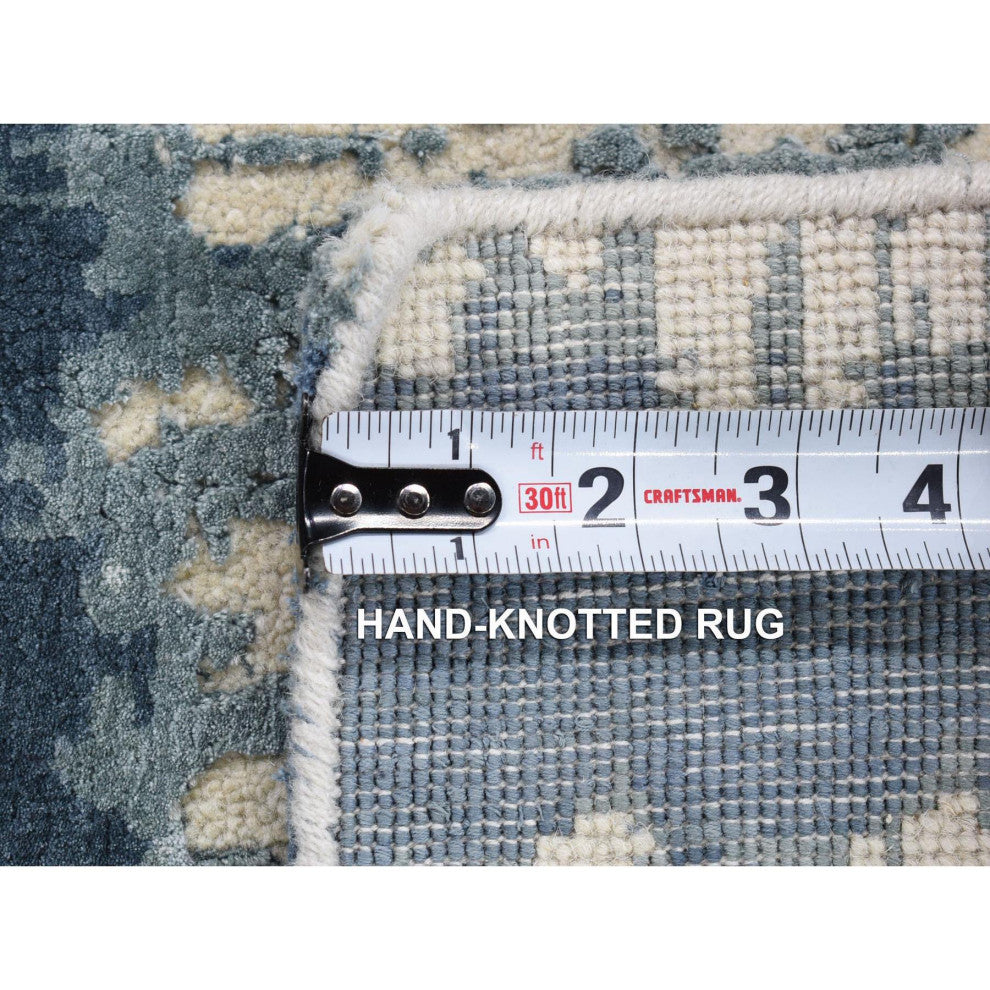 Ivory/Blue Cardiac Design Silk With Textured Wool Hand Knotted Mat Rug 2'1"x3'1"