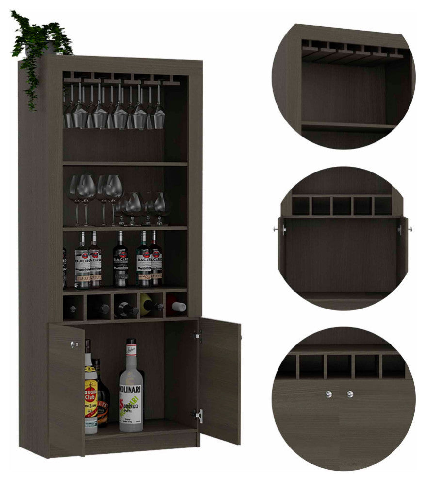New York Bar Cabinet with Wine Rack, 5 Cubbies, and 3 Shelves, Smokey Oak