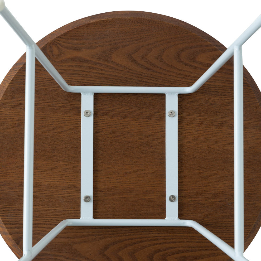 LeisureMod Rossmore Modern Round Side Table With White Steel Frame, Walnut