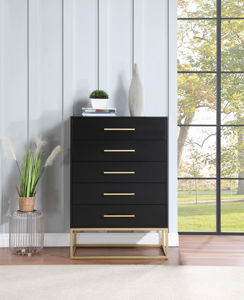 Maxine Wood Chest With Durable Brushed Gold Metal Base, Rich Black Finish