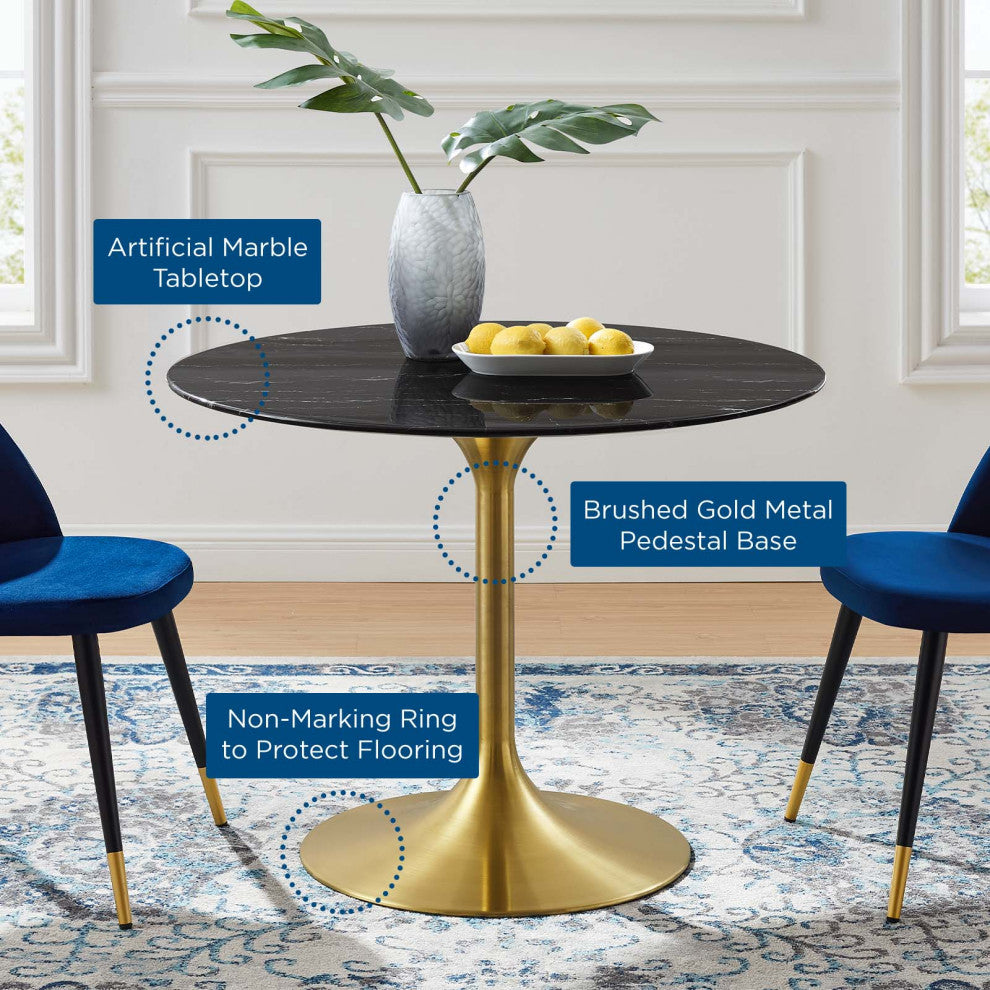 Dining Table, Round, Artificial Marble, Metal, Gold Black, Modern, Cafe Bistro