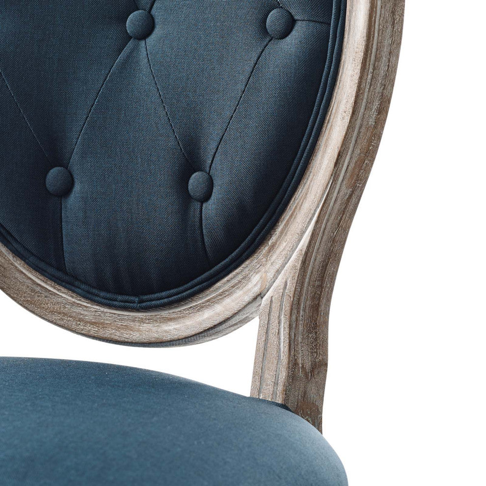 French Vintage Side Dining Chair, Fabric, Wood, Brown Natural Blue, Modern