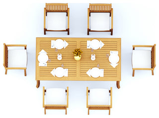 7-Piece Outdoor Teak Dining Set: 83" Rectangle Table, 6 Wave Stacking Arm Chairs