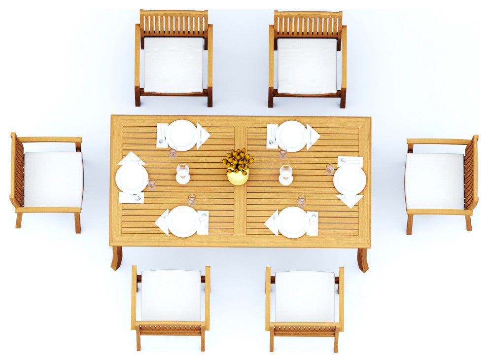 7-Piece Outdoor Teak Dining Set: 83" Rectangle Table, 6 Wave Stacking Arm Chairs