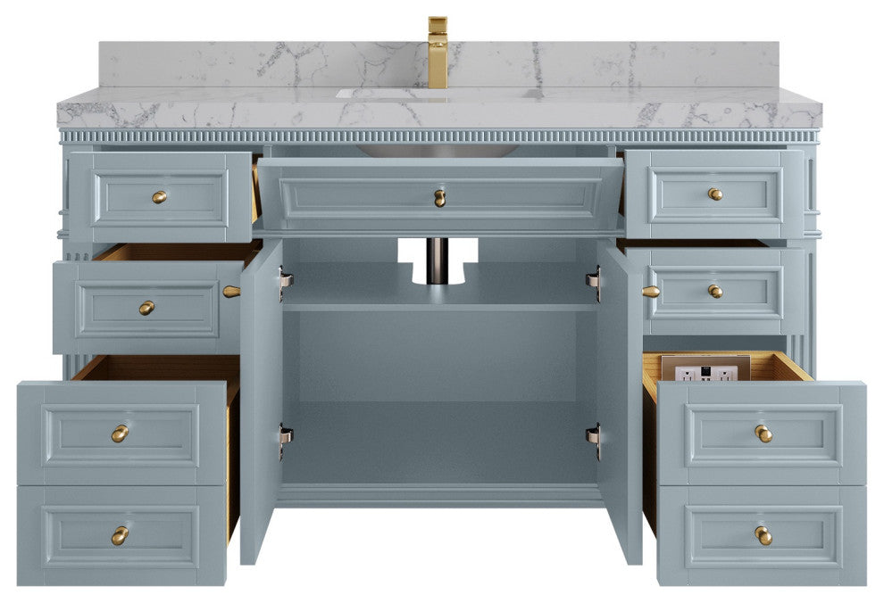 Paris 60" Single Sink Bathroom Vanity, Blue Heather 2" Venatino Quartz