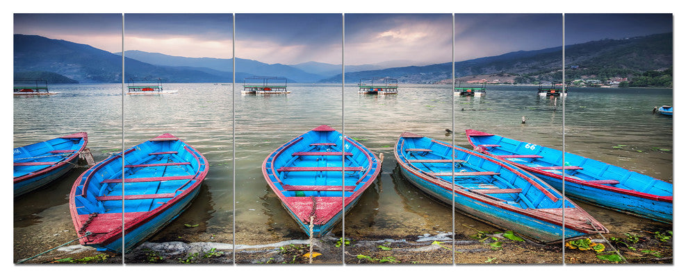 Row of Blue Boats in Pokhara Lake, Boat Canvas Art Print, 70"x28", 6 Panels