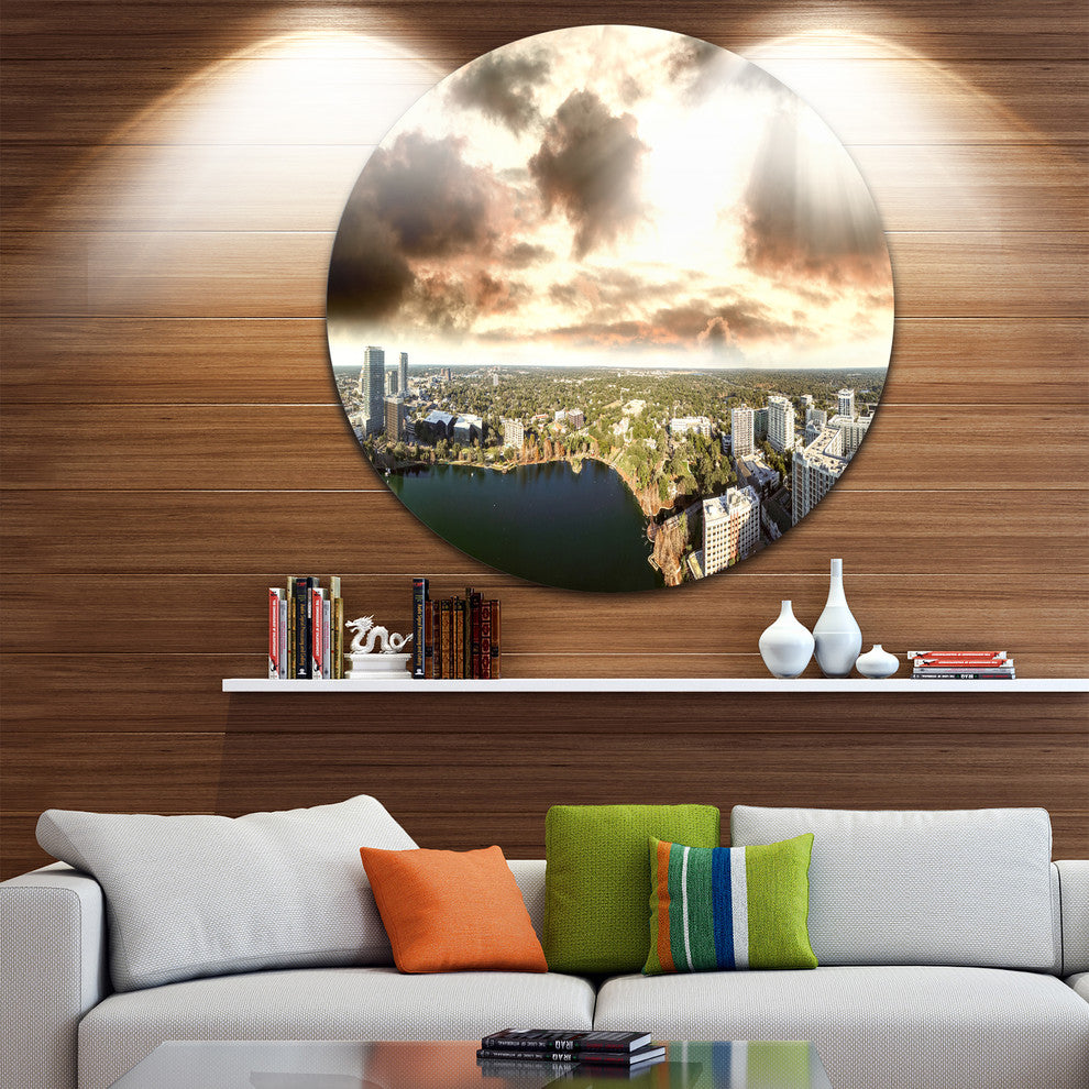 Downtown Orlando Sunset Aerial, Seascape Disc Metal Wall Art, 36"