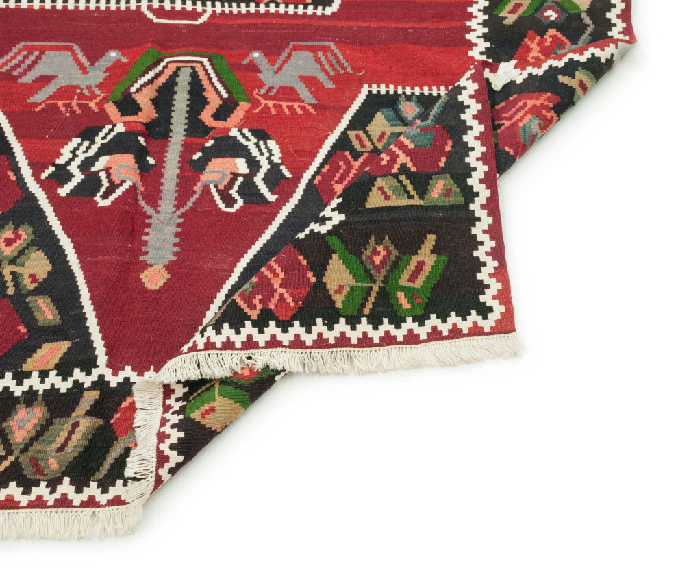 Red, Black Vintage Karabakh Kilim Rug 4' 4" x 7' 5", 52 in. x 89 in.