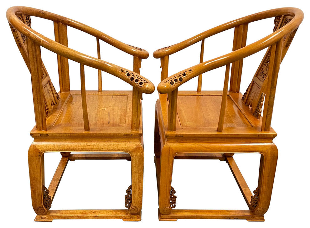 Consigned Vintage Chinese Camphor Wood Horseshoe Back Armchairs set