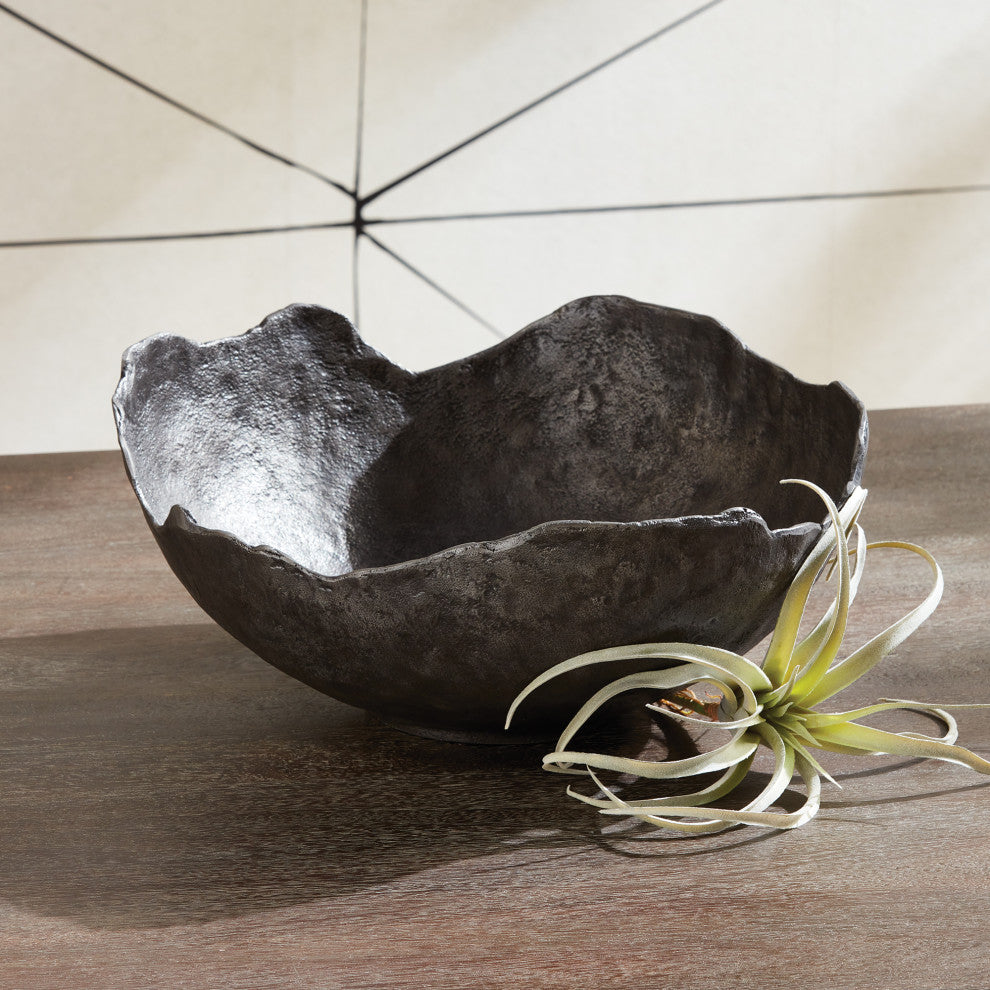 Large 16 in Free Form Dark Gray Decorative Bowl Organic Shape Modern Metal Round