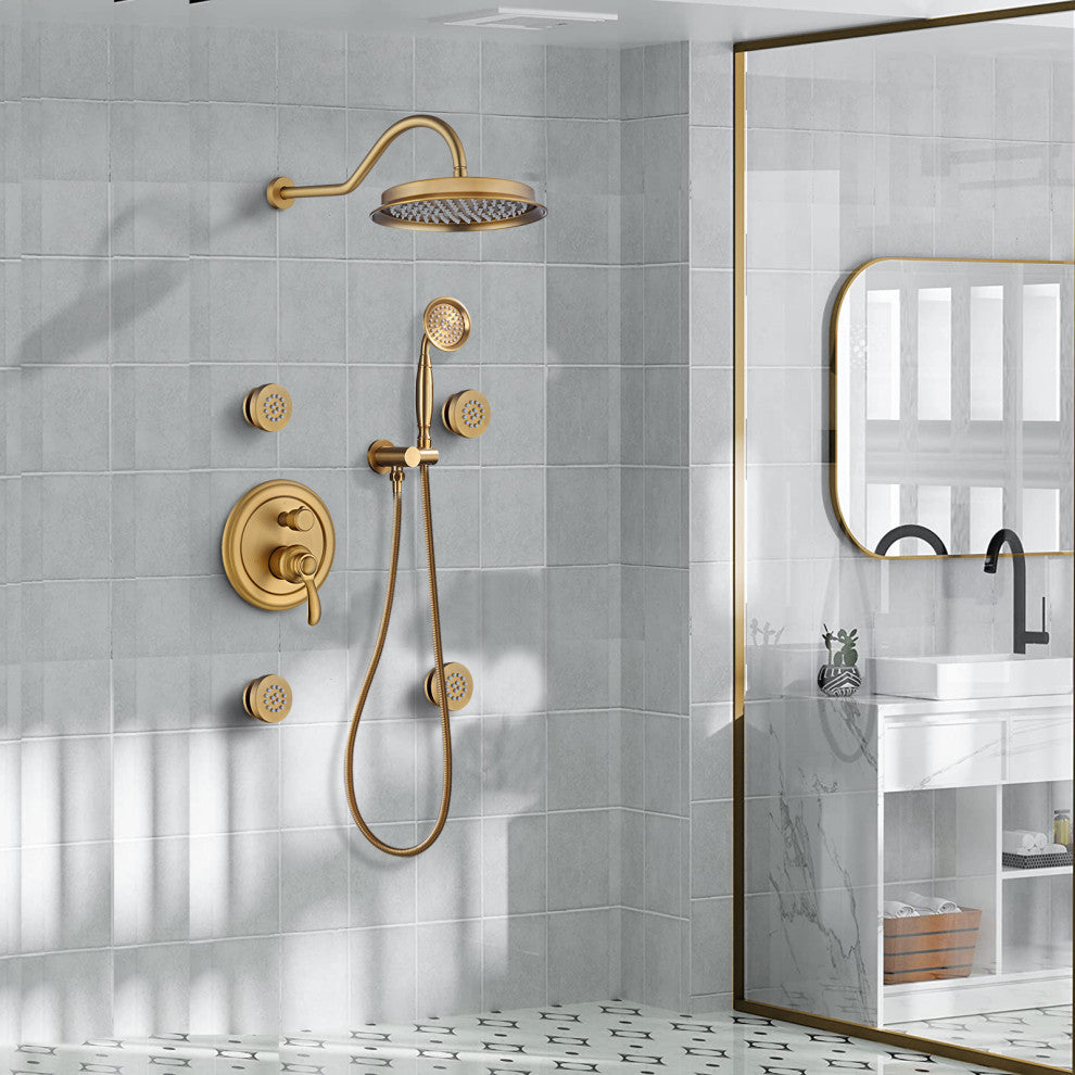 Antique Shower System with 4 Body Jets and Shower Valve, Brushed Gold