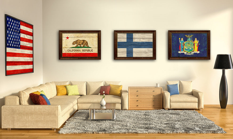 Finland Country Textured Flag Print With Brown Gold Frame, 15"X21"