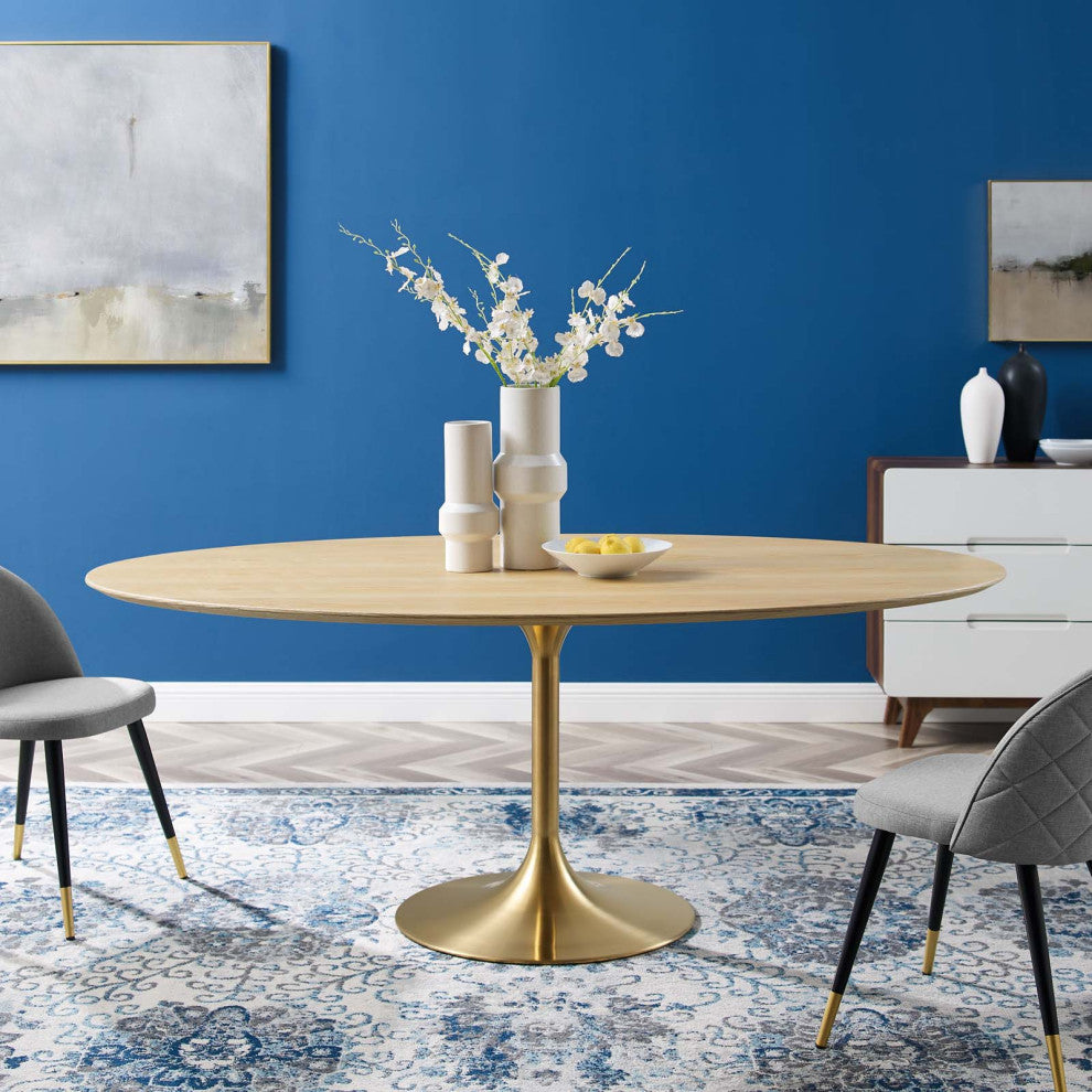 Dining Table, Oval, Wood, Gold Brown Natural, Modern, Cafe Bistro Restaurant