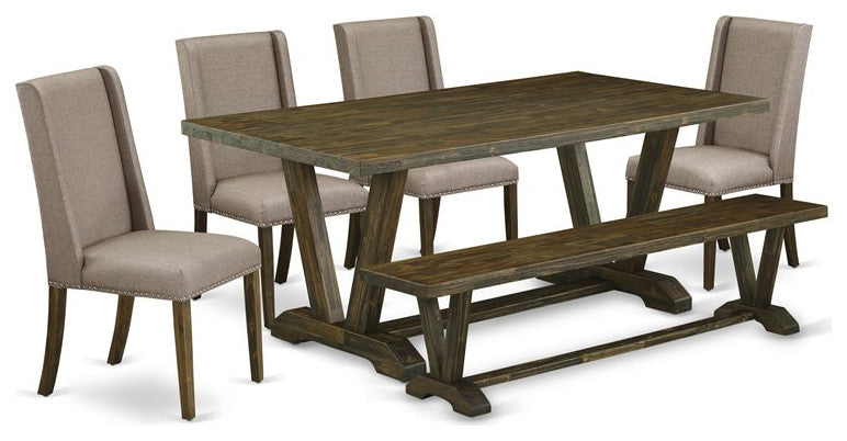6-Piece Table Dining Set, Dark Khaki Chairs, Bench and Top Table, Jacobean