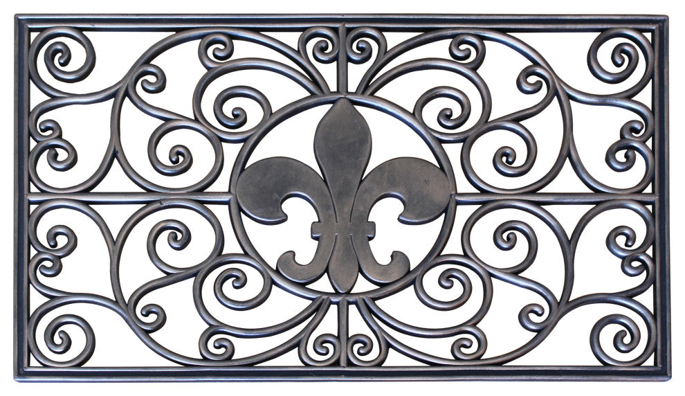 Outdoor Mat, Natural Rubber, 18"x30" Heavy Duty Doormat, Bronze Fleur-De-Lis