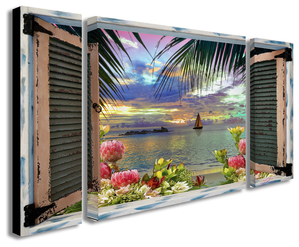 Leo Kelly ''Tropical Window to Paradise III'' Multi Panel Art Set Large, 41"x30"