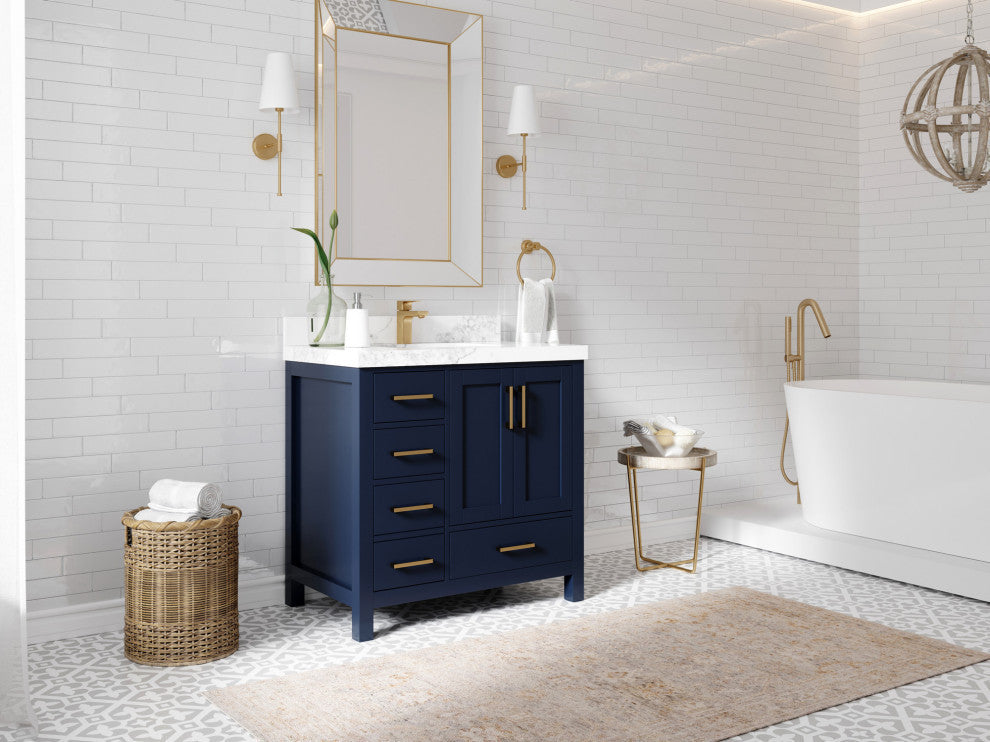 Malibu 36 Center Sink Bath Vanity in Navy Blue 2" Calacatta Laza