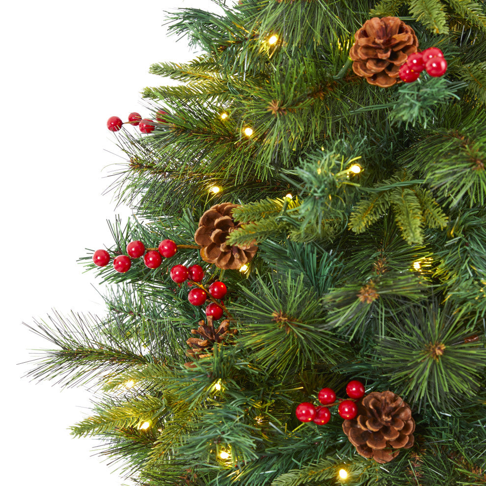 6' Mixed Pine Faux Xmas Tree With 250 Clear LED Lights, Pine Cones and Berries