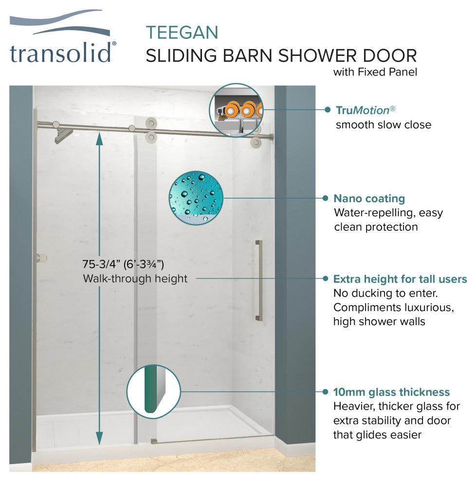 Teegan Plus Sliding Shower Door, Fixed, Clear Glass, Brushed Stainless, Turin