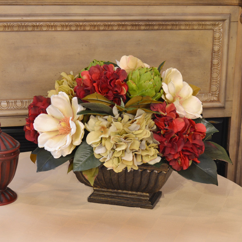 Hydrangea and Magnolia Centerpiece with Artichokes