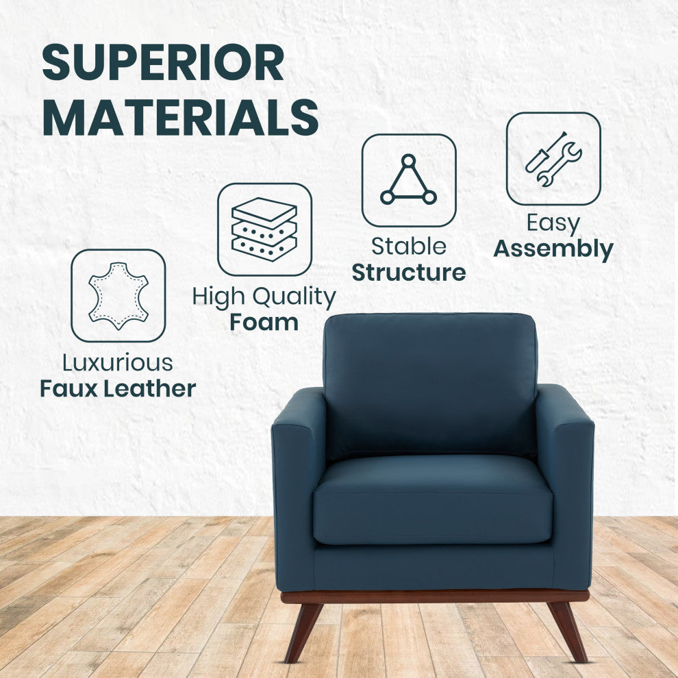 LeisureMod Chester Mid-Century Modern Faux Leather Accent Arm Chair, Navy Blue