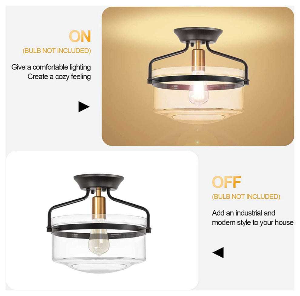 Industrial Semi Flush Mount Ceiling Light Fixture, Farmhouse, Black
