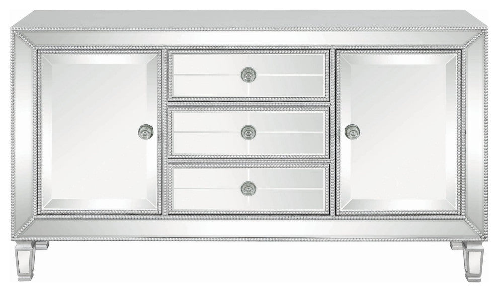 Benzara BM206567 Wood/Mirror Accent Cabinet With 2 Drawers/2 Doors, Silver