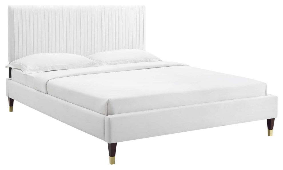 Platform Bed Frame, Twin Size, Velvet, White, Modern Contemporary, Bedroom