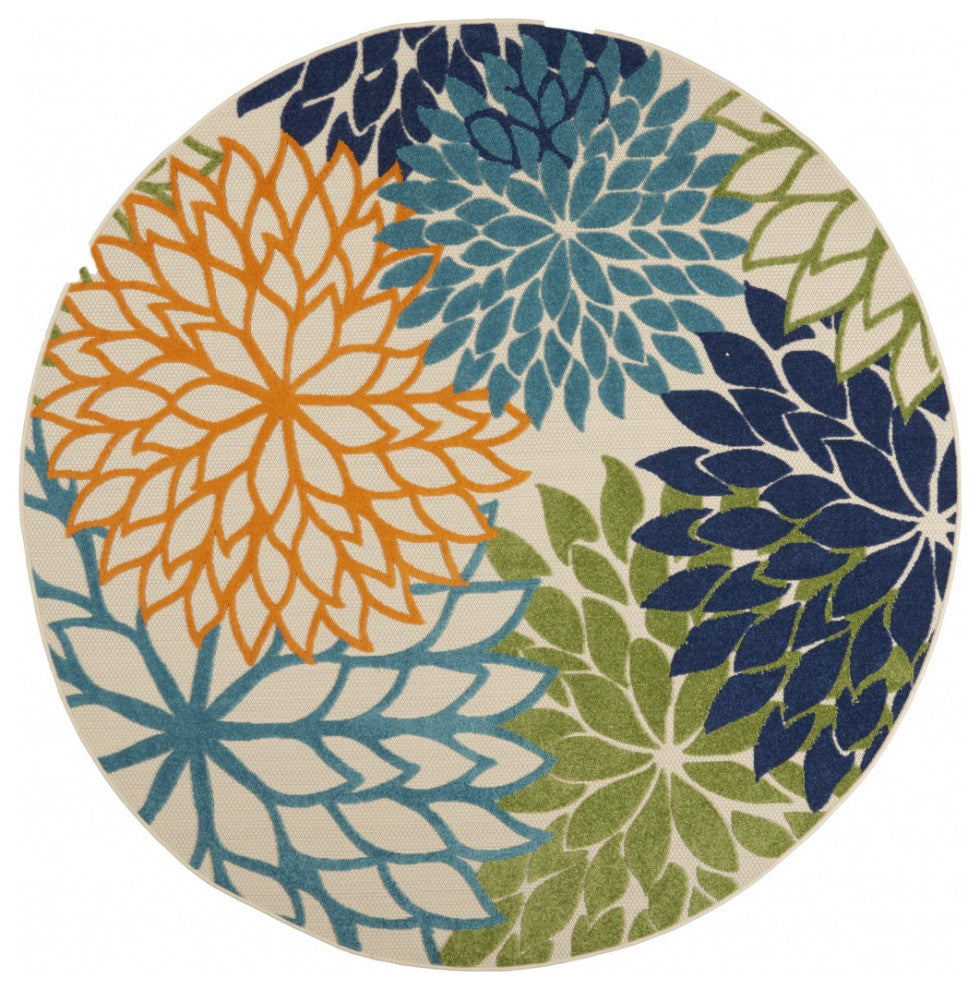 8' Round Ivory And Blue Round Floral Indoor Outdoor Area Rug