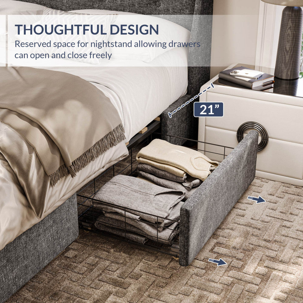 Queen Bed Frame with Headboard 4 Storage Drawers - Gray