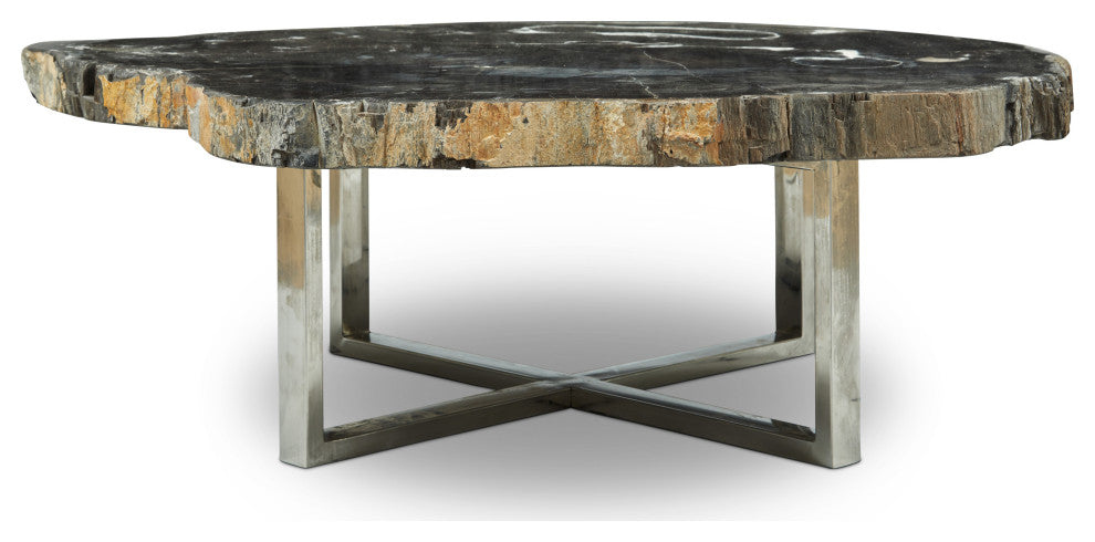 Relique Eliza Coffee Table, Polished Stainless Steel Base, Natural Dark Top