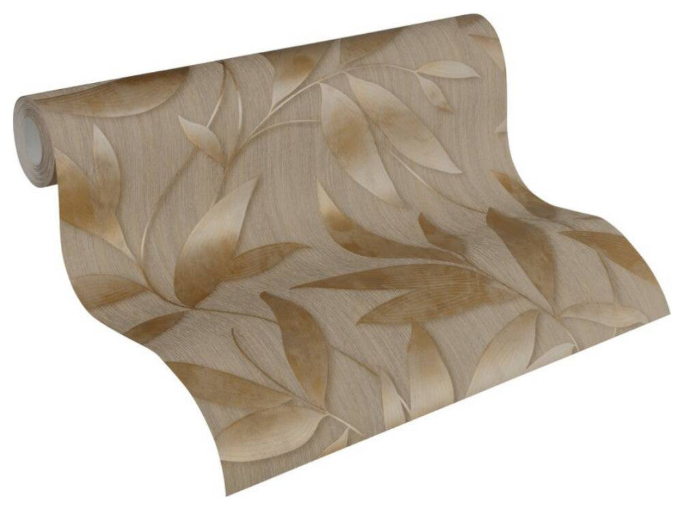 Floral Textured Wallpaper Leaves and Branches, 328805, Brown Gold, Sample