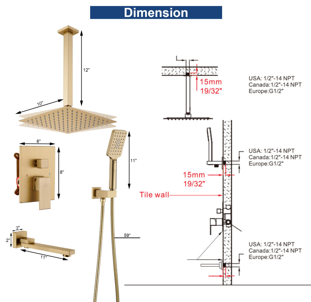 12" Rain Shower System with Handheld and Tub Faucet Mixing Valve Celling Mount