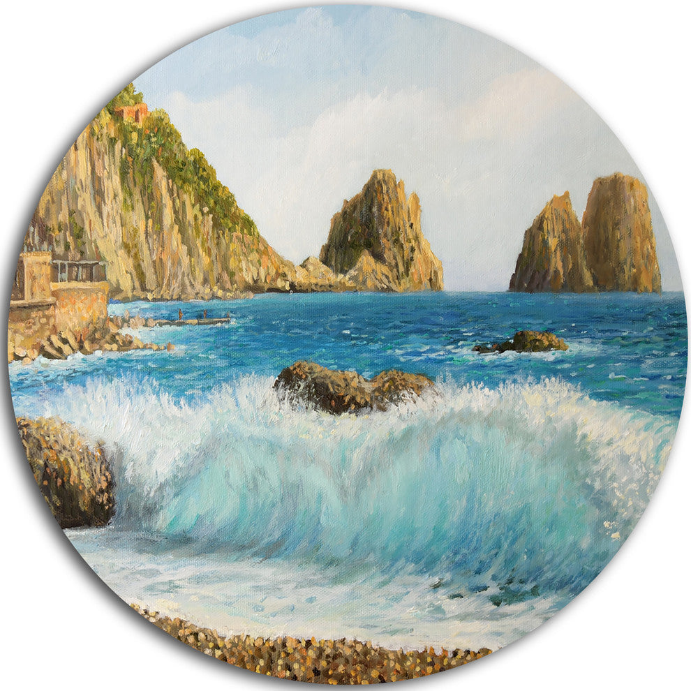 Faraglioni On Island Capri, Seascape Painting Disc Metal Wall Art, 36"