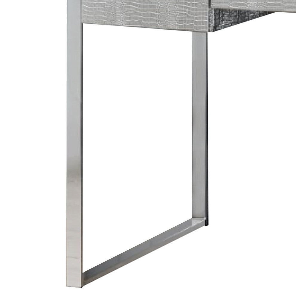 Benzara BM274659 Textured Vanity Desk With Round Mirror, Metal Sled Base, Chrome