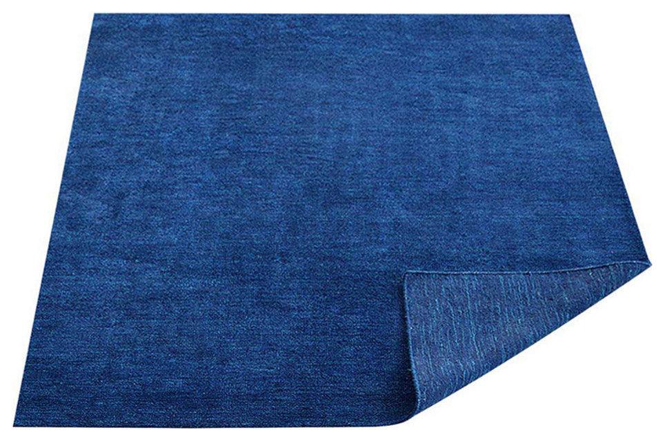 Hand Knotted Loom Silk Mix Area Rug Solid Dark Blue