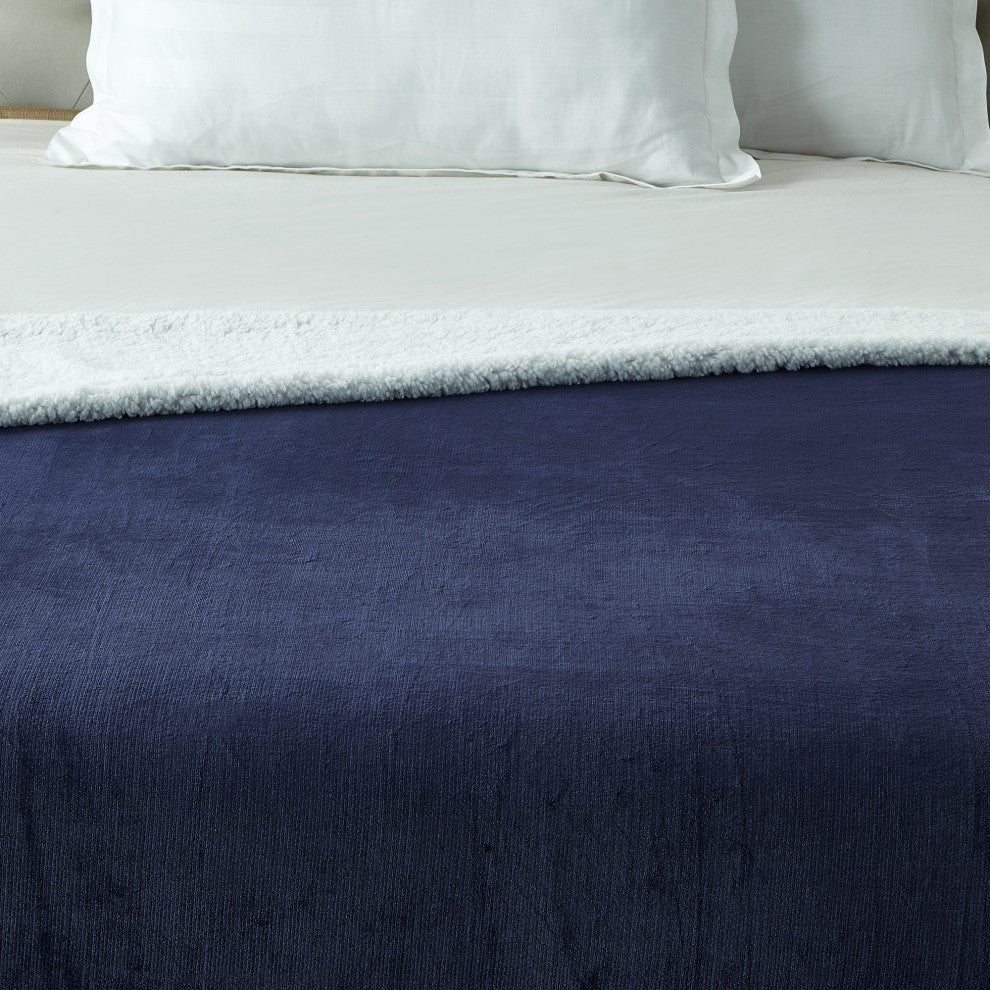 Amarey Flannel Reversible Sherpa Throw Blanket, Navy, 90"x90"