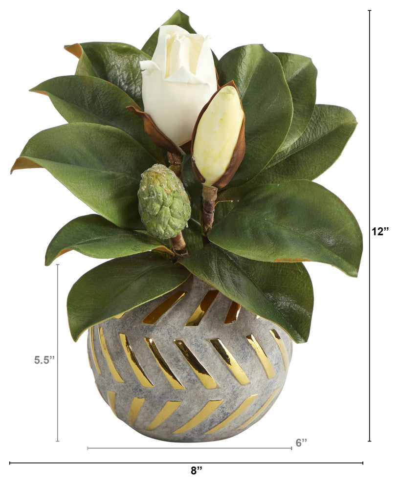 12" Magnolia Artificial Plant, Planter With Gold Trimming